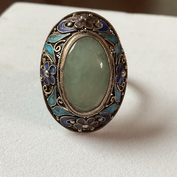 Vintage Chinese Export Jade Enamel Floral Adjustable Ring - Picture 2 of 13
